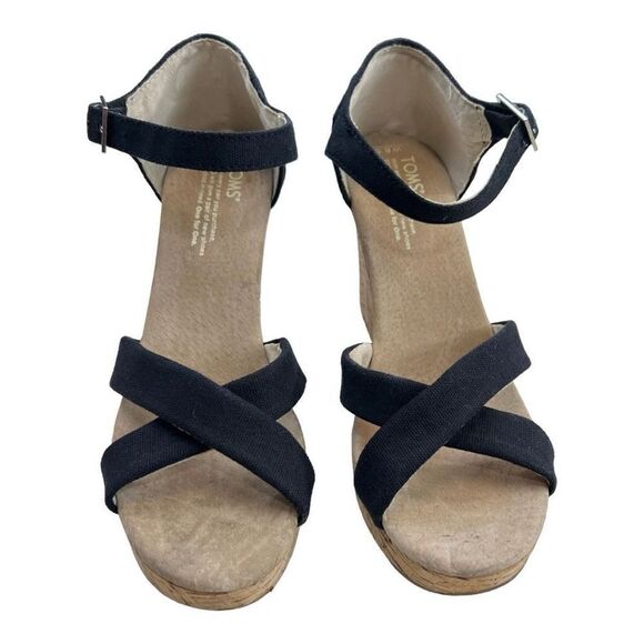 Toms Sierra Women's Canvas Open Toe Criss Cross Cork Wedge Heels Black Size 8.5 - Picture 3 of 11